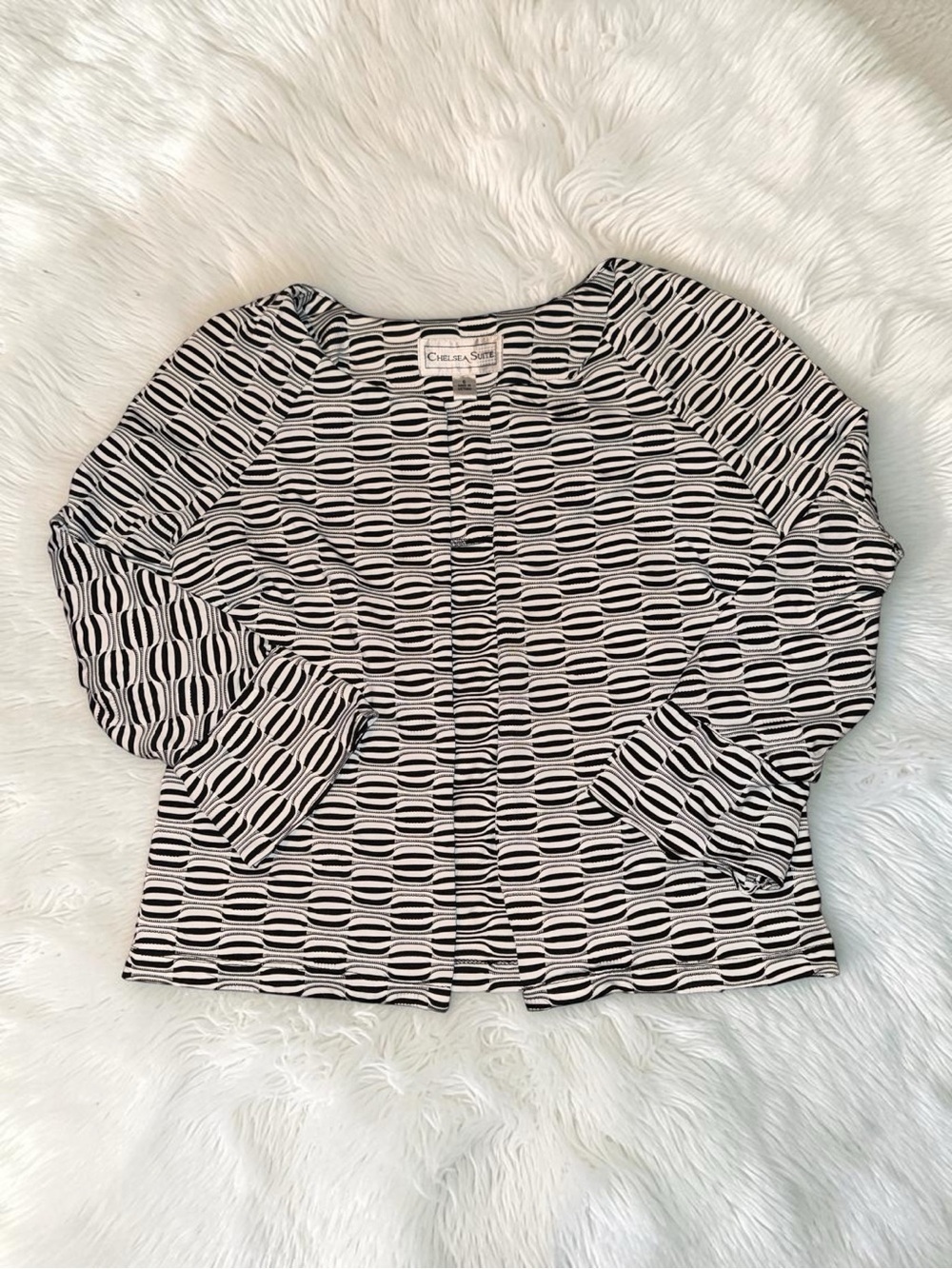 Chelsea Suite Black and White Geometric Open-Front Jacket size 6